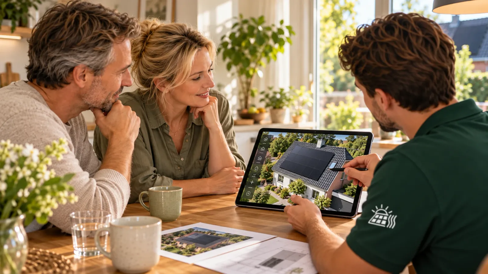 Nordwatt-Berater zeigt einem Paar am Küchentisch die geplante Solaranlage auf dem Tablet