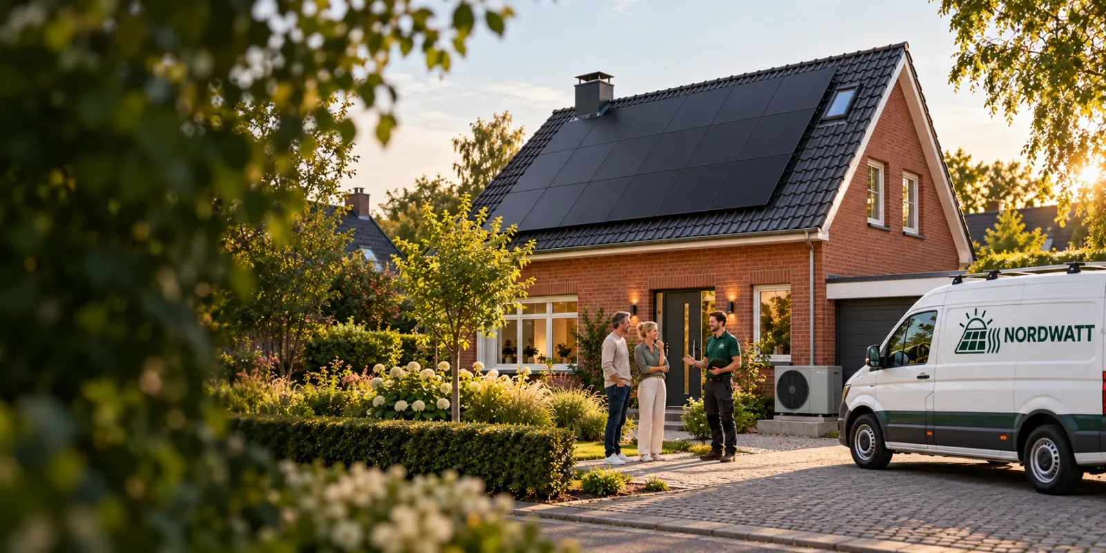 Nordwatt-Fachberater im Gespräch mit einem Paar vor einem Klinkerhaus mit Solardach und Wärmepumpe